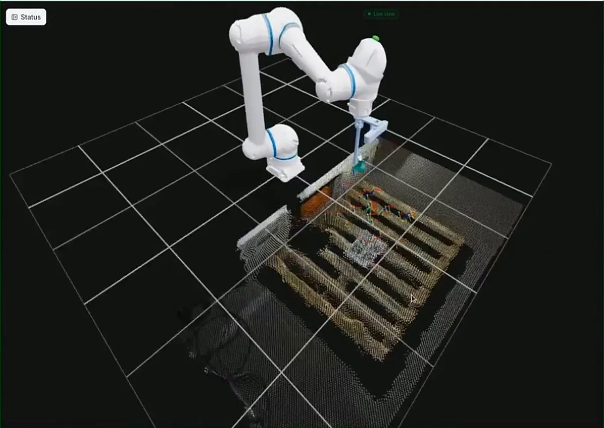 ThRiVer's live 3D view: the camera point cloud of a pallet, the robot arm model above it, and the calibration converging.